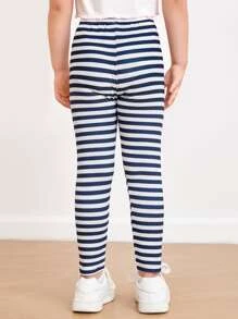 SHEIN 小女童條紋和心形印花緊身打底褲 - 藍白色 - 查看 2