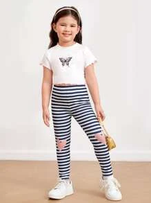 SHEIN 小女童條紋和心形印花緊身打底褲 - 藍白色 - 查看 3