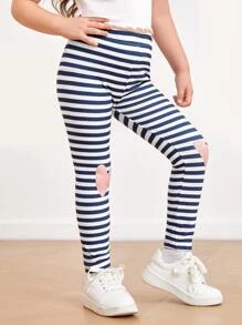 SHEIN 小女童條紋和心形印花緊身打底褲 - 藍白色 - 查看 4
