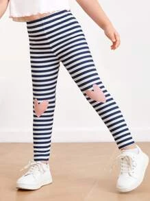 SHEIN 小女童條紋和心形印花緊身打底褲 - 藍白色 - 查看 5
