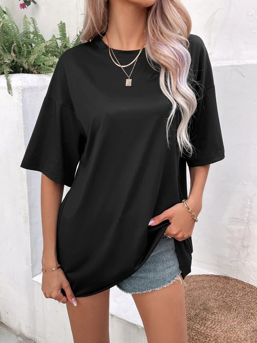 INAWLY Solid Drop Shoulder Tee - Black - View 1