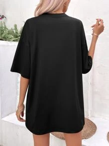 INAWLY Solid Drop Shoulder Tee - Black - View 2