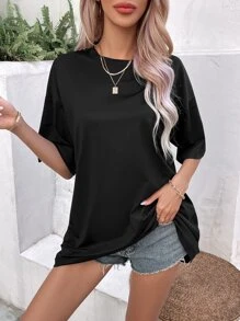 INAWLY Solid Drop Shoulder Tee - Black - View 3
