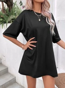 INAWLY Solid Drop Shoulder Tee - Black - View 4