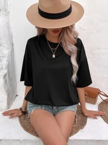 INAWLY Solid Drop Shoulder Tee - Black - View 7