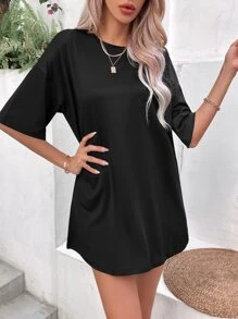 INAWLY Solid Drop Shoulder Tee - Black - View 5