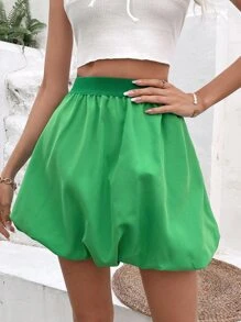 SHEIN VCAY Solid Bubble Skirt Without Belt - Green - View 2