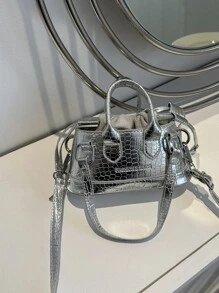 Mini Metallic Crocodile Embossed Square Bag - Silver - View 1