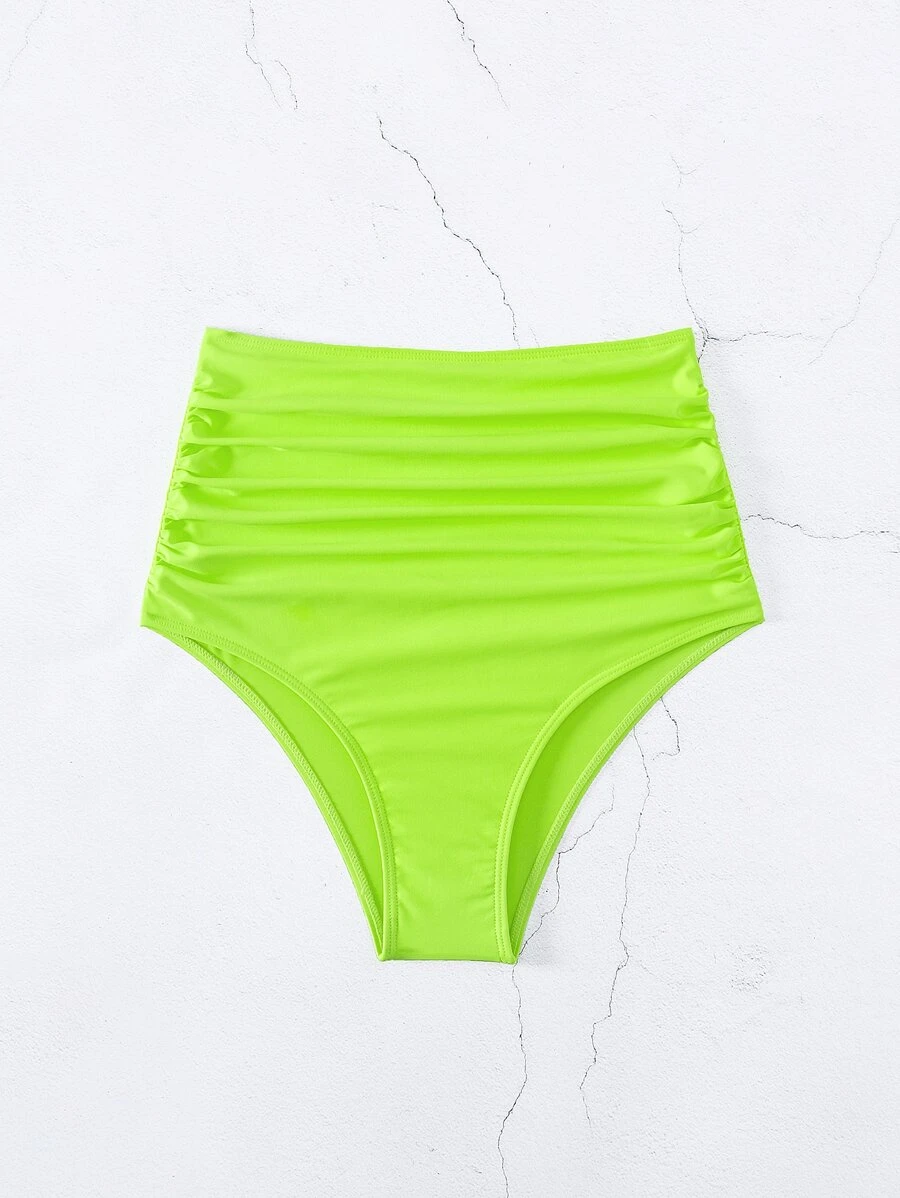 SHEIN Swim Summer Beach Ruched Neon Bikini Bottom Bathing Suit - Lime Green - View 1