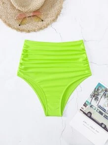 SHEIN Swim Summer Beach Ruched Neon Bikini Bottom Bathing Suit - Lime Green - View 3