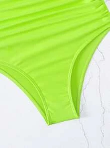 SHEIN Swim Summer Beach Ruched Neon Bikini Bottom Bathing Suit - Lime Green - View 5