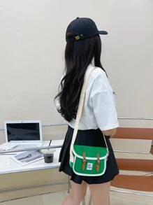 Chicas Bolso de mensajero con parche de letra & con diseño de hebilla - Verde - Ver 1