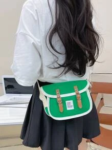 Chicas Bolso de mensajero con parche de letra & con diseño de hebilla - Verde - Ver 2