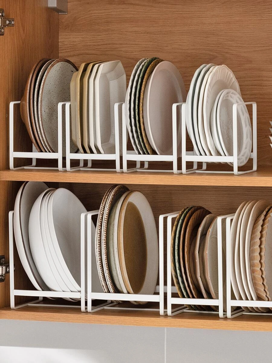 1pc Iron Plate Storage Rack, Minimalist White Plate Organizer Rack For Kitchen