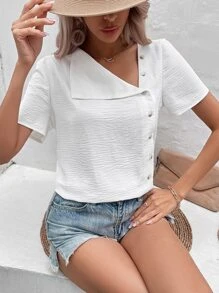 SHEIN LUNE Solid Button Detail Asymmetrical Neck Blouse - White - View 4