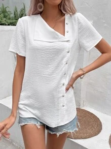 SHEIN LUNE Solid Button Detail Asymmetrical Neck Blouse - White - View 5