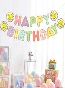 1pc Paper Pull Flag, Cute Expression & Letter Decor Hanging Flag For Party - Multicolor - View 2