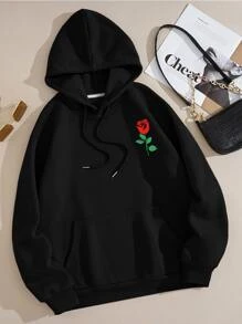 SHEIN Essnce 印花袋鼠口袋抽繩保暖連帽衫 - 黑色 - 查看 1