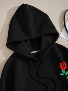 SHEIN Essnce 印花袋鼠口袋抽繩保暖連帽衫 - 黑色 - 查看 3