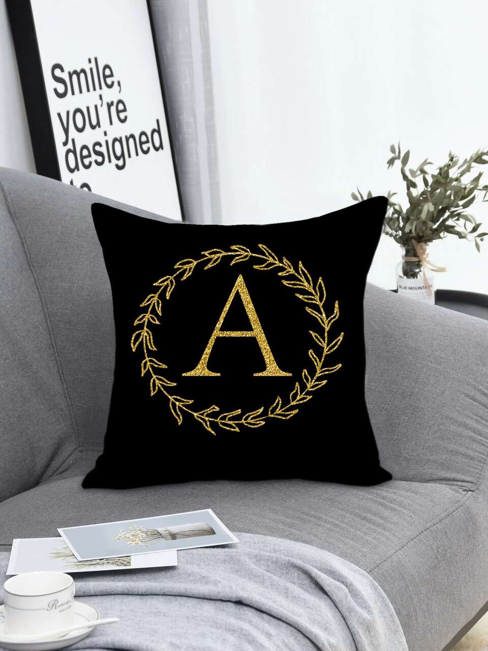 1pc Letter & Leaf Print Cushion Cover, Modern Woven Fabric Square Decorative Cushion Cover For Bed, Sofa