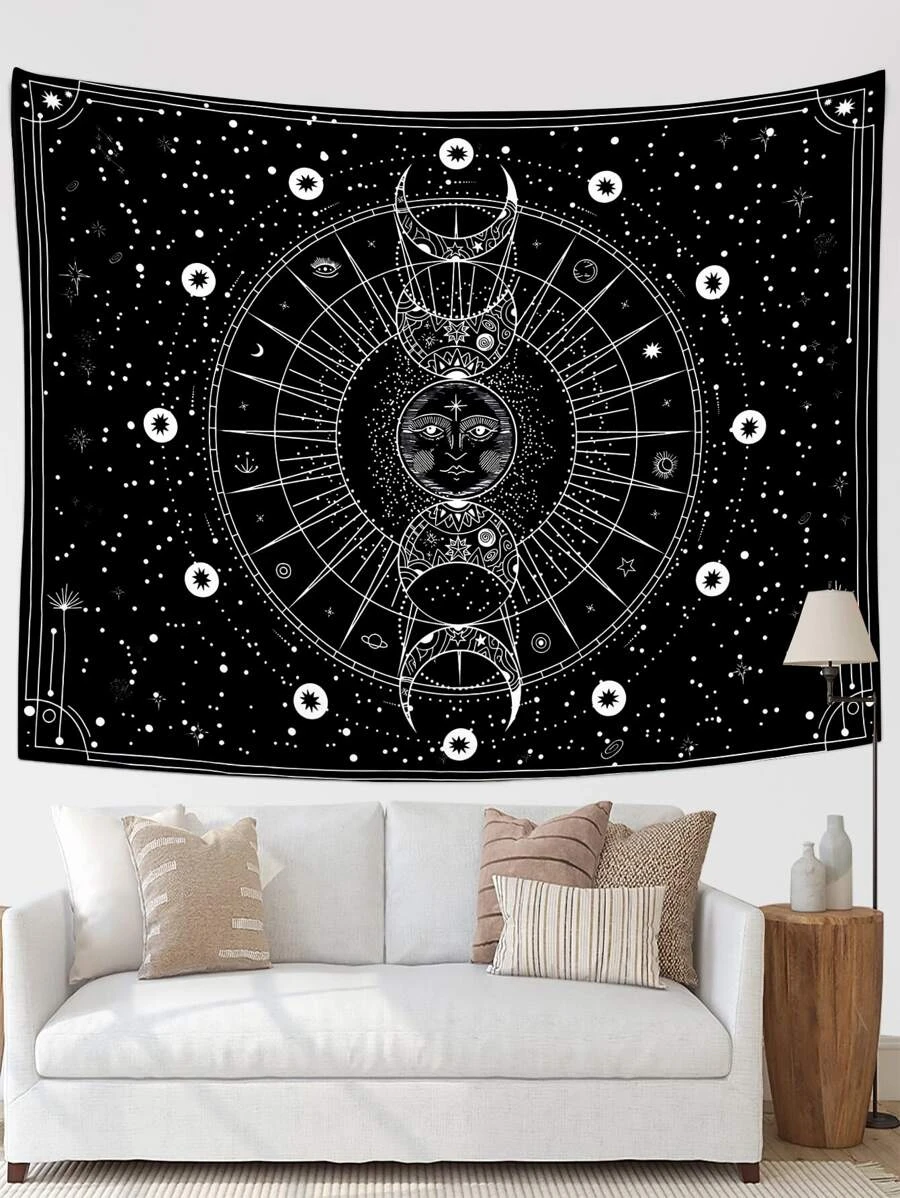 1pc Fabric Tapestry, Sun & Moon Pattern Wall Blanket For Home - Multicolor - View 1