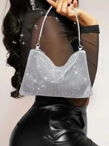 轻巧，商务休闲水钻装饰水桶包迷你抽绳设计，透明包珍珠包晚宴包，晚餐包迷人，优雅，精致，安静的奢华水钻适合派对女孩，女人，新娘非常适合派对，晚宴/宴会圣诞派对礼服，迷人的水钻包 - 銀色 - 查看 2