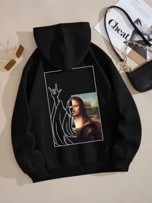 SHEIN EZwear Mona Lisa Print Drawstring Thermal Lined Hoodie - Black - View 1