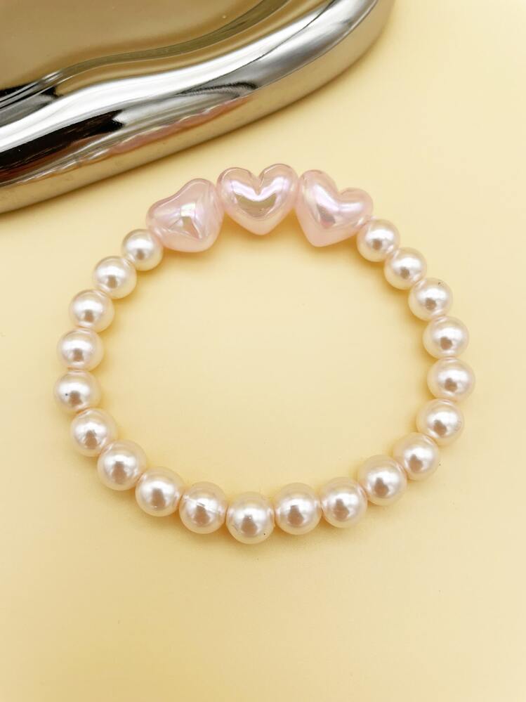 Heart Decor Beaded Bracelet - Pink - View 1