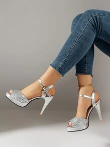 女士金屬質感踝帶平底涼鞋金屬亮絲魚嘴魅力四射高跟涼鞋銀,踝帶銀細高跟涼鞋適合女士 - 銀色 - 查看 2