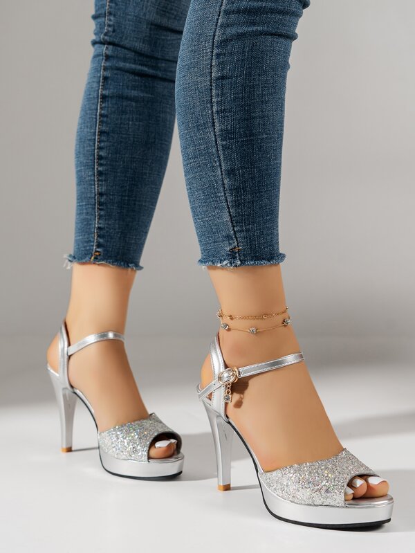 Women Metallic Ankle Strap Sandals Glitter Peep Toe Glamorous Heeled Sandals Silver, Ankle Strap