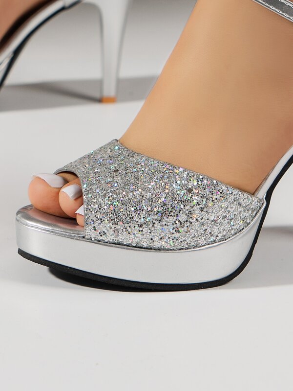 Women Metallic Ankle Strap Sandals Glitter Peep Toe Glamorous Heeled Sandals Silver, Ankle Strap
