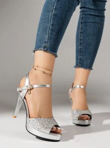 女士金屬質感踝帶平底涼鞋金屬亮絲魚嘴魅力四射高跟涼鞋銀,踝帶銀細高跟涼鞋適合女士 - 銀色 - 查看 5