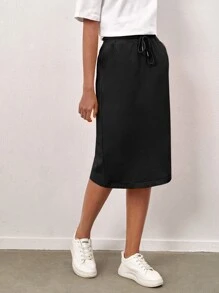 SHEIN BASICS Terry Fleece Drawstring Waist Solid Skirt - Black - View 1