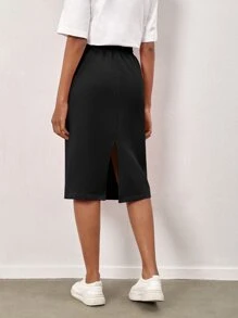 SHEIN BASICS Terry Fleece Drawstring Waist Solid Skirt - Black - View 2