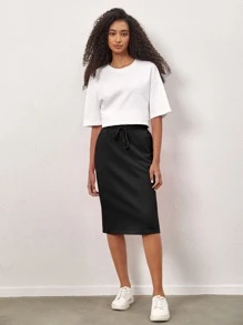 SHEIN BASICS Terry Fleece Drawstring Waist Solid Skirt - Black - View 3