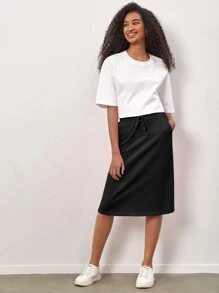 SHEIN BASICS Terry Fleece Drawstring Waist Solid Skirt - Black - View 4
