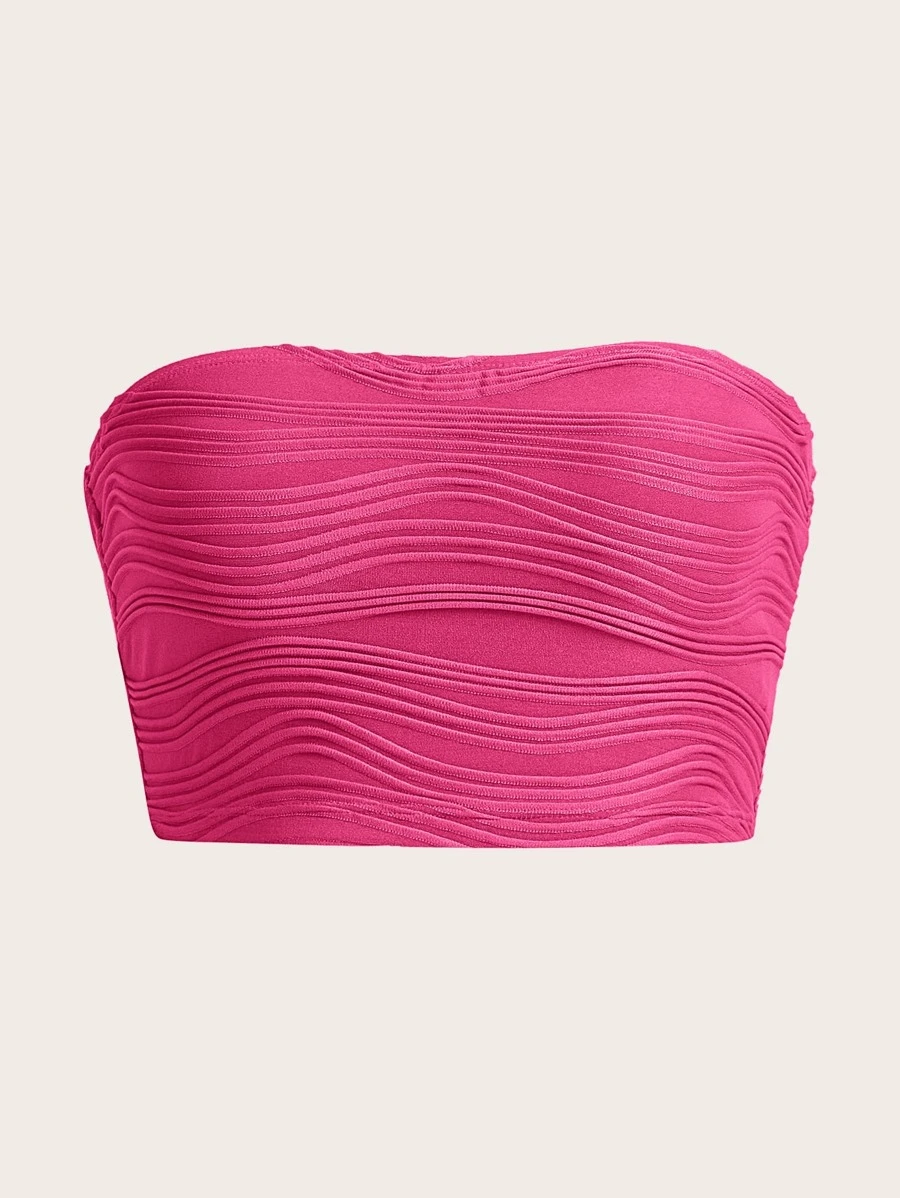 SHEIN EZwear Summer Solid Textured Crop Knit Hot Pink Tube Top Strapless Top - Hot Pink - View 1