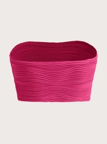 SHEIN EZwear Summer Solid Textured Crop Knit Hot Pink Tube Top Strapless Top - Hot Pink - View 2