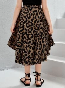 SHEIN Chicas Falda con estampado de leopardo bajo con fruncido - Multicolor - Ver 2
