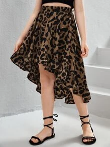 SHEIN Chicas Falda con estampado de leopardo bajo con fruncido - Multicolor - Ver 3