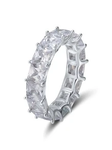 方晶鋯石裝飾銀婚戒適合女士新娘婚禮精細首飾類 - 銀色 - 查看 1