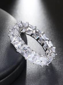 方晶鋯石裝飾銀婚戒適合女士新娘婚禮精細首飾類 - 銀色 - 查看 2