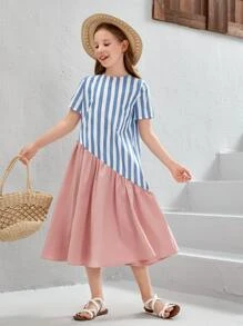 SHEIN Chicas Vestido smock con estampado de rayas bajo con fruncido - Multicolor - Ver 1