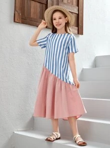 SHEIN Chicas Vestido smock con estampado de rayas bajo con fruncido - Multicolor - Ver 5