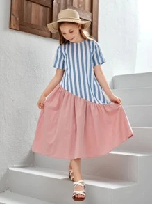 SHEIN Chicas Vestido smock con estampado de rayas bajo con fruncido - Multicolor - Ver 6