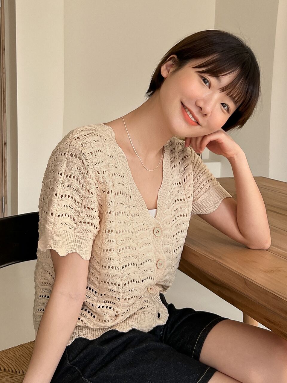Scallop Trim Button Front Pointelle Knit Cardigan