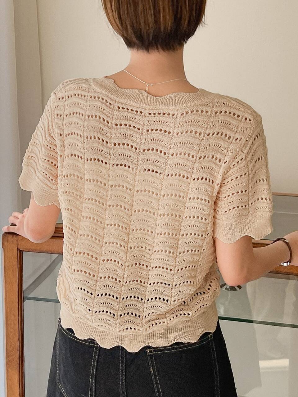 Scallop Trim Button Front Pointelle Knit Cardigan
