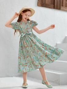 SHEIN Girls Floral Print Ruffle Hem Belted Dress - Multicolor - View 1