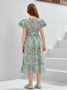 SHEIN Girls Floral Print Ruffle Hem Belted Dress - Multicolor - View 2