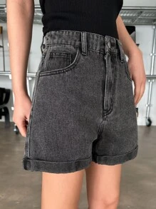 DAZY 斜口袋捲邊牛仔短褲 - 深灰色 - 查看 3